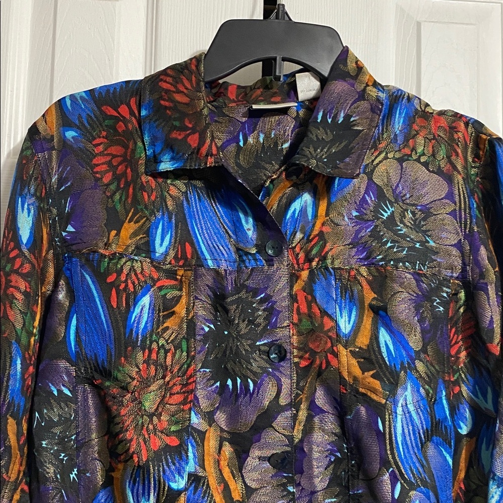 Chicos floral silk blend button down jacket size MEDIUM - Picture 2 of 13